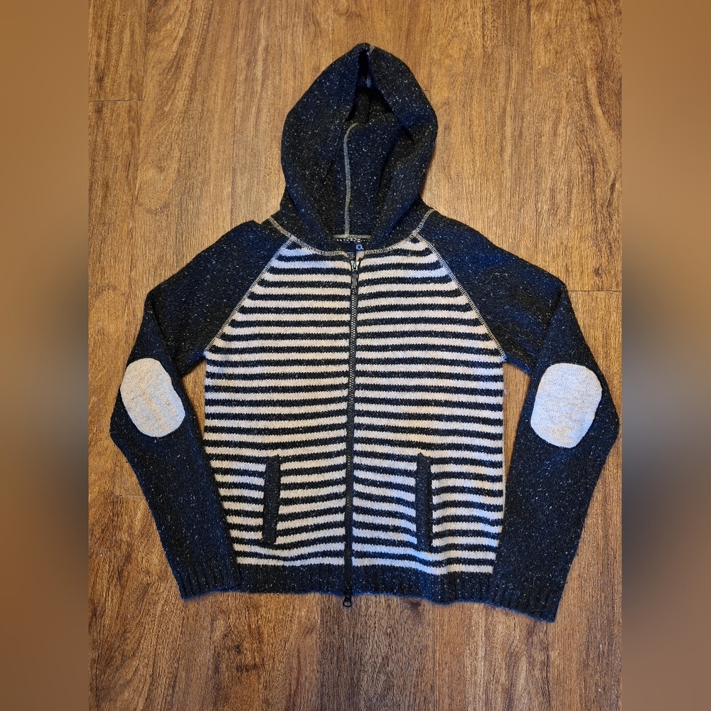 Zippered Cardigan Hoodie Sweater w/ Pockets- Striped w/ Patch on Elbows- Sz L